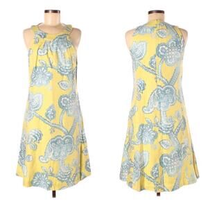 J. McLaughlin Edie Linen A Line Dress sz 0 Yellow Blue Paisley Preppy Summer